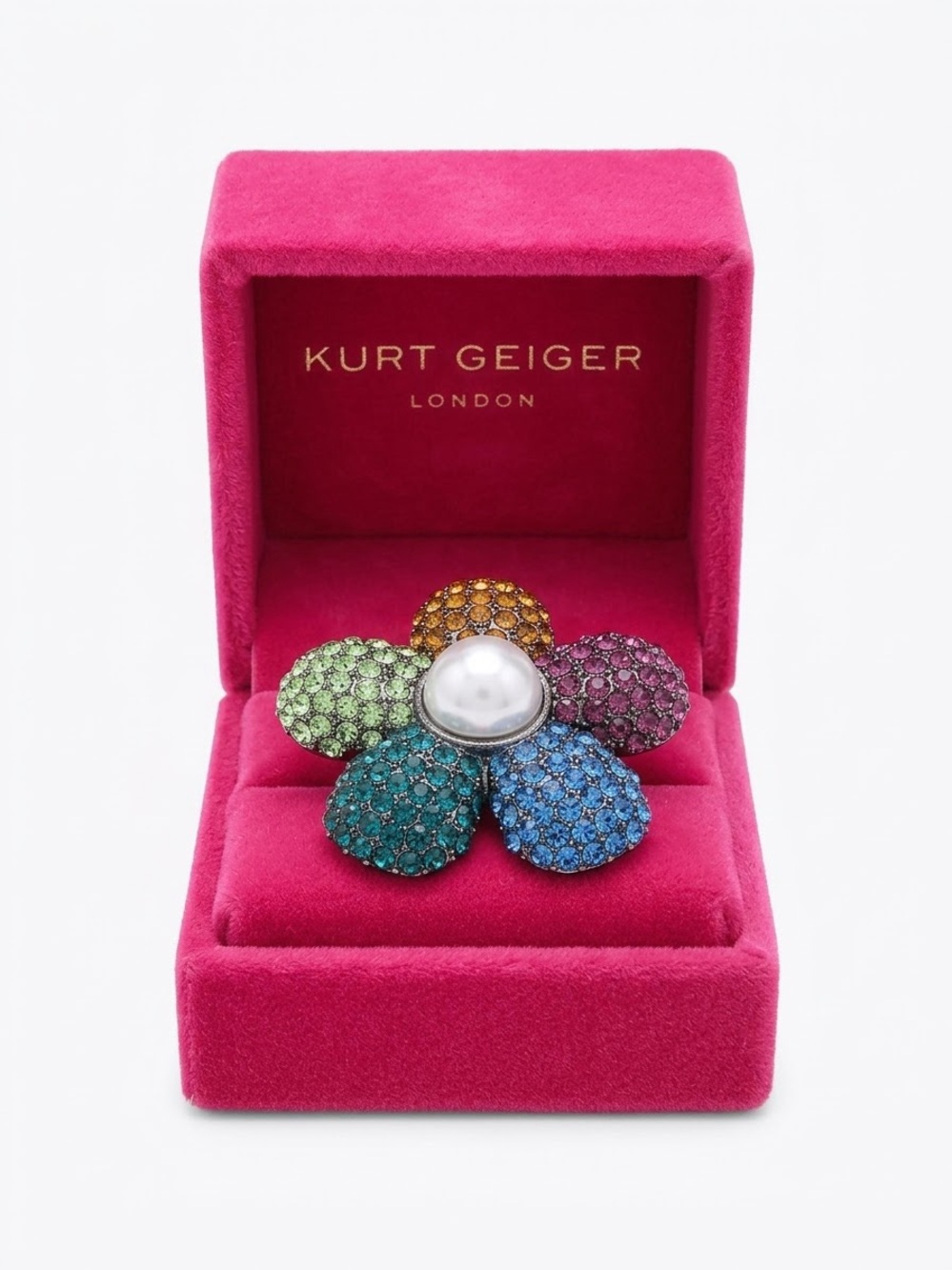 Kurt Geiger London Rainbow pavé Crystal Flower Cocktail Ring pearl - Size 8 NIB